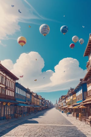 1girl, adorable, (ultra detailed, ultra highres), (masterpiece, top quality, best quality, official art :1.4), (high quality:1.3), cinematic, wide shot, (muted colors, dim colors), A whimsical cityscape under a bright blue sky with fluffy clouds and butterflies. The city features traditional wooden buildings and a fantastical structure that combines a castle, a pagoda, and a Ferris wheel. The colors are vibrant and detailed. 4k, Ghiblism2-Ghibli, GhiblismDetailed2, Ghiblismkw2 extremely detailed CG, photorealistic,