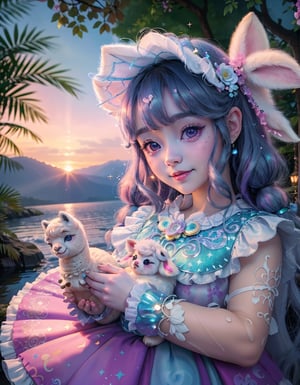 (masterpiece, best quality), (absurdres:1.3), (ultra detailed, ultra highres:1.1), 8K, UHD, realistic,photorealistic:1.37 ,beautiful detailed eyes,beautiful detailed lips , (classical lolita costume:1.5), slightly smile, (((with cute baby alpaca))) , magical aura, whimsical, colorful sunshine ,rays of sunlight peeping through the trees,soft dappled light,peaceful atmosphere,magical creatures,playing alpaca, sparkling fairy dust,soft glow,x,y,z style painting,blending colors,vibrant hues,dreamlike scenery,Realism, (sparkling eyes:1.3), art by Jean-Gabriel Domergue, a cute teenage, 1girl, (15yo, child face), a ultra hd detailed painting, Jean-Baptiste Monge style, bright, beautiful, splash, Glittering, filigree, rim lighting, extremely fluffy, magic, surreal, fantasy, digital art, by wlop, by artgerm, (junji ito style:1.3) , (Andrei Belichenko style:1.3), (extra wide shot:1.6), smooth skin, mgln,cryptids,realism