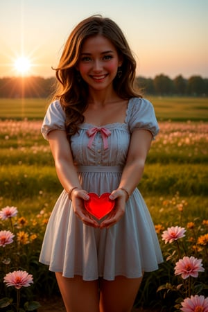 (masterpiece), (absurdres:1.3), (ultra detailed), HDR, UHD, 16K, ray tracing, vibrant eyes, perfect face, award winning photo, A silhouette of a young girl with flowing hair, standing in a field. She holds a red heart-shaped object, possibly a flower, in her hand. The background is framed within a heart shape, with a gradient of colors transitioning from a light beige at the top to a darker hue at the bottom. The overall mood of the image is serene and dreamy, evoking feelings of love and tranquility., painting, conceptual art, illustration shiny skin, (shy blush:1.1), (dynamic action pose:1.3) ,slightly smile, lens flare, photo quality, big dream eyes, ((perfect eyes, perfect fingers)) ,kawaii, (Sharp focus realistic illustration:1.2), adorable, score_9 score_8_up score_7_up