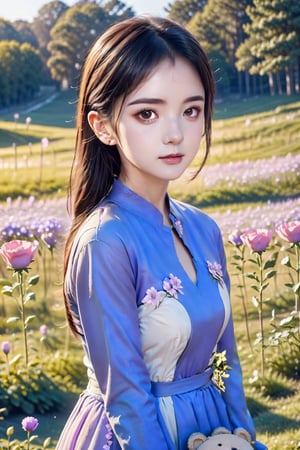 ultra detailed,  (masterpiece,  top quality,  best quality,  official art,  perfect face:1.2),  UHD,(cinematic,  azure and light pink:0.85),  (muted colors,  dim colors),  falling petals, red roses , happiness, (wearing trendy fashion:1.4), chiffon sheer dress vanilla, (full field purple flowers:1.4), (((hold a teddy bear))), dynamic posing, tree house, park, swing, cute_girl, pastel flowers , lilac, rose, Line art,1girl, perfect Light, hime cut,