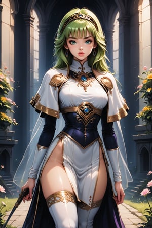 score_9, score_8_up, score_8, masterpiece, official art, ((ultra detailed)), (ultra quality), high quality, perfect face, 1 girl with long hair, blond-green hair with bangs, bronze eyes, detailed face, wearing a fancy ornate (((folk dress))), shoulder armor, armor, glove, hairband, hair accessories, striped, (holding the great weapon :1.4), jewelery, thighhighs, pauldrons, side slit, capelet, vertical stripes, looking at viewer, fantastical and ethereal scenery, daytime, church, grass, flowers. Intricate details, extremely detailed, incredible details, full colored, complex details, hyper maximalist, detailed decoration, detailed lines, best quality, HDR, dynamic lighting, perfect anatomy, realistic, more detail, Architecture, full juicy lips, perfect green eyes, (soft cute face)