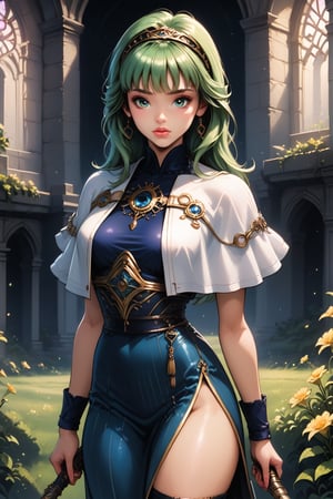 score_9, score_8_up, score_8, masterpiece, official art, ((ultra detailed)), (ultra quality), high quality, perfect face, 1 girl with long hair, blond-green hair with bangs, bronze eyes, detailed face, wearing a fancy ornate (((folk dress))), shoulder armor, armor, glove, hairband, hair accessories, striped, (holding the great weapon :1.4), jewelery, thighhighs, pauldrons, side slit, capelet, vertical stripes, looking at viewer, fantastical and ethereal scenery, daytime, church, grass, flowers. Intricate details, extremely detailed, incredible details, full colored, complex details, hyper maximalist, detailed decoration, detailed lines, best quality, HDR, dynamic lighting, perfect anatomy, realistic, more detail, Architecture, full juicy lips, perfect green eyes, (soft cute face)