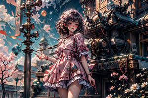 a noble little girl wearing a pink dress and a daisy tiptoes towards a boy with curly hair, reaching out a delicate rose in a thornless stem, standing on cobblestone pavement, under a cloudless sky, with a row of blooming cherry blossom trees in the background, captured with a Canon EOS 5D Mark IV camera, 50mm lens, medium shot focusing on the girl’s tender gesture, in a style reminiscent of a romantic oil painting by Thomas Kinkade,1girl