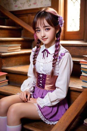 beautiful details, perfect focus,high resolution, exquisite texture in every detail, looking at viewer, blush, smile, bangs, copper eyes, hair ornament, purple hair, hair rings, twin braids, hair ribbon, hair between eyes, 
adorable girl dressed in a (Bisque Doll-like girl outfit: 1.1) The charming ensemble features a frilly collar and cuffs, with delicate lace details, ((1girl 15yo)), (female child, loli:1.3),  ((waist up body of Dilraba Dilmurat)), (Realistic: 1.2), (illustration: 1.2), (perfect eyes:1.3, perfect face:1.3), long eyelashes, perfect lighting, perfect shading, (best quality, masterpieces), (realphoto , photographic, 35mm f2.0:1.4),(Western, old school :1.2), fantasy, (beautiful girl:1.2), (beautiful face:1.2), (Small room, cluttered room, stairs:1.2),(book:1.6), Books are scattered all over the place, colorful dynamic, (sitting_on_stairs:0), sitting, (reading a book, looking at book,looking at another:1.4), expressionless, dutch angle, barefoot, side lighting, dynamic color hair,
(ultra-detailed, vivid colors,soft lighting, digital illustration) expressions, (dreamy atmosphere, colorful surroundings), digital art, 8K, 16K, cool wallpaper, things, jasmine, pillows, clutter, wood toy, sharp focus, HDR, Add more details,perfect finger