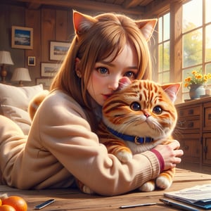Whimsical folk art picture of a (little girl) and (cat) hugging each other.
,Perfect skin,
(masterpiece,more detail:1.1), (best quality:1.3), 
,photorealistic