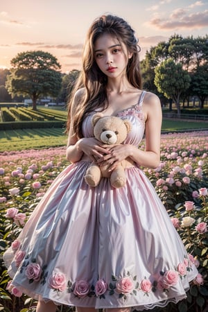 ultra detailed,  (masterpiece,  top quality,  best quality,  official art,  perfect face:1.2),  UHD,(cinematic, azure and light pink:1),  (muted colors,  dim colors),  falling petals , happiness, (trendy cloth :1.4), fashion dress, (full field roses :1.4), (((hold a teddy bear))), (dynamic action posing), tree house, park, swing, (pink-yellow sky :1.2), cute_girl, pastel flowers , lilac, rose, Line art,1girl, Light master