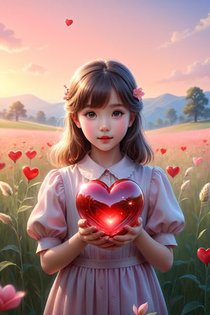 (masterpiece), (absurdres:1.3), (ultra detailed), HDR, UHD, 16K, ray tracing, vibrant eyes, perfect face, award winning photo, A silhouette of a young girl with flowing hair, standing in a field. She holds a red heart-shaped object, possibly a flower, in her hand. The background is framed within a heart shape, with a gradient of colors transitioning from a light beige at the top to a darker hue at the bottom. The overall mood of the image is serene and dreamy, evoking feelings of love and tranquility., painting, conceptual art, illustration shiny skin, (shy blush:1.1), (dynamic action pose:1.3) ,slightly smile, lens flare, photo quality, big dream eyes, ((perfect eyes, perfect fingers)) ,kawaii, (Sharp focus realistic illustration:1.2), adorable,