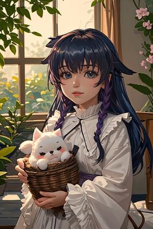 Masterpiece, beautiful details, perfect focus, 8K, high resolution, exquisite texture in every detail, 1girl, solo, looking at viewer, blush, smile, bangs, blue eyes, hair ornament, purple hair, hair rings, twin braids, hair flower, hair ribbon, longhair, hair between eyes, (best quality,ultra-detailed,cute animals,vivid colors,soft lighting,digital illustration,fluffy fur,playful expressions,adorable poses,dreamy atmosphere, colorful surroundings), (art by Makoto :1.5), digital art, child, cute cat, 16K, cool wallpaper, things, jasmine, pillows, clutter, toy, basket, wood, pot, can, copper, garden yard, smile, sharp focus, HDR,Add more details,