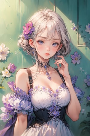 ultra detailed, (masterpiece, top quality, best quality, official art, perfect face:1.2), UHD, (cinematic, azure and light pink:0.85), 32K, (Beautifully Detailed Face and Fingers), (Five Fingers) Each Hand,  (muted colors,  dim colors), vanilla dress, young beautiful girl, dynamic posing, art, 1girl, pop culture modern aesthetic cafe, bright, (flower wall:2), (parfait, dessert :1.4), more detailed,