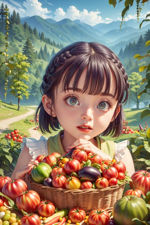 (best quality),(masterpiece:1.1),(extremely detailed CG unity wallpaper:1.1), (colorful cloth :1.3),(panorama shot:1.4),looking at viewer, from below, high res, detailed face, detailed eyes, 1 girl, solo, short-bob roughtly cut and two braided hair-bangs tied behind her head, cute hairstyle, full body, mountain forest , outdoors, (perfect fingers :1.4), perfect face, five fingers for each hand, fantasy, hugging basket ,eggplant, tomato, 🥦, vegetables, fruit, 🍎, grapes, carrot, corn, onion, Exquisite face,