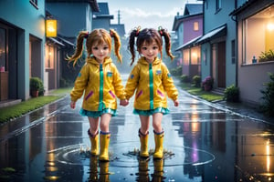 Raw photo, Two girls playing in puddles wearing rain boots. In the center of the puddles, there is a clear reflection of the transparent water surface with bright light reflecting upon it. The girls are dressed in yellow raincoats and wearing boots, allowing them to play in the puddles without getting wet. One of them is an energetic girl with her hair tied up in pigtails, while the other has cute short twin tails. Holding hands, they jump and frolic, creating splashes of water. The weather is fine after the rain, and a vibrant rainbow stretches across the background. The colors of the rainbow harmonize with the girls' smiles, creating a joyful atmosphere, colorful wear, (adorable difference face:1.4), colorful, (photo-realisitc), night background, exposure blend, medium shot, bokeh, (hdr:1.4), high contrast, (cinematic, teal and green:0.85), (muted colors, dim colors, soothing tones:1.3), low saturation, oil paint ,science fiction