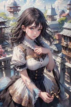 (1girl, adorable, perfect face :1.37), (best quality, masterpieces:1.3), (beautiful and aesthetic:1.2), colorful, dynamic angle, (Realistic:1.4), illustration, (high quality:1.3), (ultra detailed, ultra highres), 32K, (Beautifully Detailed Face and Fingers), (Five Fingers) Each Hand, sharp focus, professional dslr photo, photoreal, stunning light, volumetric fx, ray tracing, (((intricate detailed))), extremely detailed CG, (ultra detailed, ultra highres), (masterpiece, top quality, best quality, official art :1.4), (high quality:1.3), cinematic, wide shot, (muted colors, dim colors), A whimsical cityscape under a bright blue sky with fluffy clouds and butterflies. The city features traditional wooden buildings and a fantastical structure that combines a castle, a pagoda, and a (Ferris wheel :1.3). The colors are vibrant and detailed. 4k, (hyper realism, soft light, dramatic light, sharp, HDR), perfect image, vivid color, (official art, extreme detailed, highest detailed), more detailed,colorful sky,add detail, gold_art,