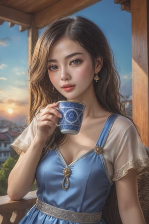 perfect face, (best quality, masterpieces:1.3), (beautiful and aesthetic:1.2), colorful, dynamic angle, (Realistic:1.4), illustration, (high quality:1.3), (ultra detailed, ultra highres), 32K, (Beautifully Detailed Face and Fingers), (Five Fingers) Each Hand, sharp focus, professional dslr photo, photoreal, Chinese house style, (drinking milk tea ,food on the balcony outside the room:1.5), See the evening view, forehead jewel, rose jewelry, nice hand, nice fingers, volumetric fx, ray tracing, (((intricate detailed))), extremely detailed CG, (hyper realism, soft light, dramatic light, sharp, HDR), perfect image, vivid color, (official art, extreme detailed, highest detailed), more detailed, Thai food style,sweets dessert ,colorful sky, 1girl,cute,fancy light, ct-fujiii,t4ni4,epicDiP