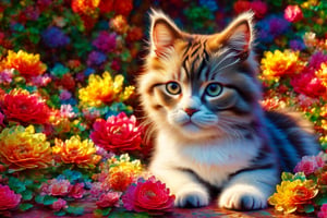 (best quality,ultra-detailed,cute animals,vivid colors,soft lighting,digital illustration,fluffy fur,playful expressions,adorable poses,dreamy atmosphere,colorful surroundings), (art by Makoto :1.5), digital art, child, cute cat, 16K, cool wallpaper, things, flowers,