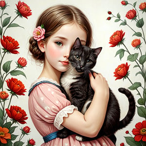 Whimsical folk art picture of a (little sweet girl) and (cat) hugging each other.
,Perfect skin,no