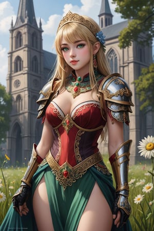 score_9, score_8_up, score_8, masterpiece, official art, ((ultra detailed)), (ultra quality), high quality, perfect face, 1 girl with long hair, blond-green hair with bangs, bronze eyes, detailed face, wearing a fancy ornate (((folk dress))), shoulder armor, armor, glove, hairband, hair accessories, striped, (holding the great weapon :1.4), jewelery, thighhighs, pauldrons, side slit, capelet, vertical stripes, looking at viewer, fantastical and ethereal scenery, daytime, church, grass, flowers. Intricate details, extremely detailed, incredible details, full colored, complex details, hyper maximalist, detailed decoration, detailed lines, best quality, HDR, dynamic lighting, perfect anatomy, realistic, more detail, Architecture, full juicy lips, perfect green eyes, (soft cute face), breast,ddckimsungah,Long Legs and Hot Body,greg rutkowski
