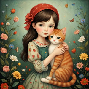 Whimsical folk art picture of a (little sweet girl) and (cat) hugging each other.
,Perfect skin,no