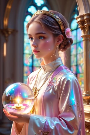 1girl, solo, (masterpiece), (absurdres:1.3), (ultra detailed), HDR, UHD, 16K, ray tracing, vibrant eyes, perfect face, award winning photo, beautiful, shiny skin, (highly detailed), clear face, teenage cute delicate girl, (shy blush:1.1), (high quality, high res, aesthetic:1.1), (dynamic action pose:1.3) ,slightly smile, lens flare, photo quality, big dream eyes, ((perfect eyes, perfect fingers)), iridescent brown hair, vivid color, perfect lighting, perfect shadow, realistic, stunning light, (atmosphere :1.6), nice hands, insane details ,high details ,kawaii, (extra wide shot: 1.8)

(Sharp focus realistic illustration:1.2), a giant glass sphere containing a small ecosystem, surrounded by measurement devices is installed in large-scale factory, a girl Priest stands next to the sphere, divine magic, sacred texts, ceremonial robes, incense, healing spells, blessing rituals, BREAK intricate illustrations, delicate linework, fine details, whimsical patterns, enchanting scenes, dreamy visuals, captivating storytelling, church and stain glass background, messy interior, book, elemental,  feature, flower, ((pink gold style)), Add more details, tsukioka kogane,Priscilla