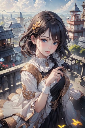 (1girl, adorable, perfect face :1.37), (best quality, masterpieces:1.3), (beautiful and aesthetic:1.2), colorful, dynamic angle, (Realistic:1.4), illustration, (high quality:1.3), (ultra detailed, ultra highres), 32K, (Beautifully Detailed Face and Fingers), (Five Fingers) Each Hand, sharp focus, professional dslr photo, photoreal, stunning light, volumetric fx, ray tracing, (((intricate detailed))), extremely detailed CG, (ultra detailed, ultra highres), (masterpiece, top quality, best quality, official art :1.4), (high quality:1.3), cinematic, wide shot, (muted colors, dim colors), A whimsical cityscape under a bright blue sky with fluffy clouds and butterflies. The city features traditional wooden buildings and a fantastical structure that combines a castle, a pagoda, and a (Ferris wheel :1.3). The colors are vibrant and detailed. 4k, (hyper realism, soft light, dramatic light, sharp, HDR), perfect image, vivid color, (official art, extreme detailed, highest detailed), more detailed,colorful sky,add detail, gold_art,
