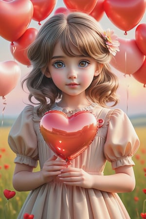 (masterpiece), (absurdres:1.3), (ultra detailed), HDR, UHD, 16K, ray tracing, vibrant eyes, perfect face, award winning photo, A silhouette of a young girl with flowing hair, standing in a field. She holds a red heart-shaped object, possibly a flower, in her hand. The background is framed within a heart shape, with a gradient of colors transitioning from a light beige at the top to a darker hue at the bottom. The overall mood of the image is serene and dreamy, evoking feelings of love and tranquility., painting, conceptual art, illustration shiny skin, (shy blush:1.1), (dynamic action pose:1.3) ,slightly smile, lens flare, photo quality, big dream eyes, ((perfect eyes, perfect fingers)) ,kawaii, (Sharp focus realistic illustration:1.2), adorable, (balloon:1.2)