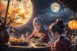 (Best quality, masterpiece, detailed details), Chinese illustration, Chinese traditional festivals, Mid-Autumn Festival, full moon background, many people, detailed details, emotional expressions, a family dinner, the moon, Chinese lanterns, a table of delicious food, Mid-Autumn Festival Festival, traditional culture, there are many people of different styles in the scene, some closer to the front, some closer to the back, full of hidden details, epic scenes, crazy photography 16K resolution