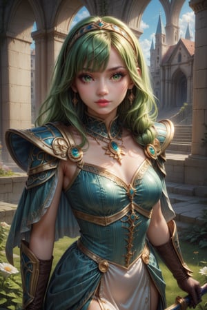 score_9, score_8_up, score_8, masterpiece, official art, ((ultra detailed)), (ultra quality), high quality, perfect face, 1 girl with long hair, blond-green hair with bangs, bronze eyes, detailed face, wearing a fancy ornate (((folk dress))), shoulder armor, armor, glove, hairband, hair accessories, striped, (holding the great weapon :1.7), jewelery, thighhighs, pauldrons, side slit, capelet, vertical stripes, looking at viewer, fantastical and ethereal scenery, daytime, church, grass, flowers. Intricate details, extremely detailed, incredible details, full colored, complex details, hyper maximalist, detailed decoration, detailed lines, best quality, HDR, dynamic lighting, perfect anatomy, realistic, more detail, Architecture, full juicy lips, perfect green eyes, (soft cute face), breast,