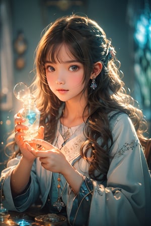 ((1girl, 12year old girl:1.5)),loli, petite girl, beautiful shining body, bangs,((darkbrown hair:1.3)),(aquamarine eyes), (perfect face),  top quality,  (official art :1.2),  (HDR:1.4),  UHD,  (beautiful and aesthetic:1.2),  high definition,  high quality,  detailed face,  high resolution,  highly detailed,  extremely detailed background,  (ultra detailed),  perfect lighting,  (photorealistic :1.37),  (8k, 16K,  best quality,  masterpiece:1.2),  (ultra highres:1.0), realistic,  epic, 1girl, really cute young ginger girls' smiles, creating a joyful atmosphere, potion mistress, magic, (lots of colorful potions :1.3), glowy smoke, tetradic colors, bubly, (detailed alchemist room:1.6), volumetric lights,  very detailed potions and alchemy laboratory scenery,  colorful,  dynamic,  visually rich,  whimsical,  fairy tale, 
(long hair,  cute hairstyle:1.5), absurdres,  (cinematic shot:1.4),  (muted colors,  dim colors,  soothing tones:1.3) ,dynamic angle, wide shot, the source of light is the moon light,happiness,  (perfect hands, perfect fingers, nice hands :1.4),  big dream eyes, (perfect body:1.4), glass, Realistic, (atelier style:1.3),1girl,ice