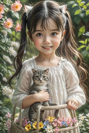 (best quality,ultra-detailed,cute animals,vivid colors,soft lighting,digital illustration,fluffy fur,playful expressions,adorable poses,dreamy atmosphere,colorful surroundings), (art by Makoto :1.5), digital art, child, cute cat, 16K, cool wallpaper, (pretty hair, long hair), things, jasmine, pillows, clutter, toy, basket, wood, pot, can copper, garden yard, circle face, smile, sharp focus, HDR,Cosplay,onitsuka_natsumi_lovelivesuperstar,Add more details