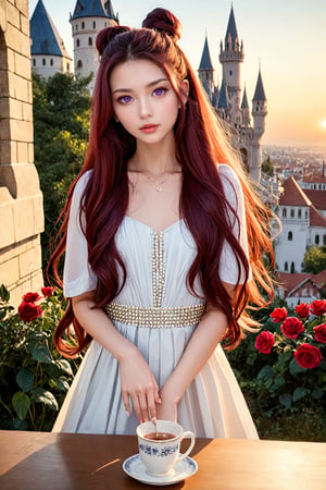 high resolution, (1 girl 15 years old), solo, ((extra wide shot)), cowboy shot, Waist up portrait, (long hair:1.6), (hair bun), garnet hair color, purple eyes, (ultra detailed), High quality shadow, 4K, ((beautiful face)), beautiful body, (beauty skin), best quality, ((masterpiece)), vintage end table, (Full fry breakfast on sunny morning food), (vintage tea cup with hot tea with steamed), extremely detailed cg, suggestive, (intricate details: 1.3), slim waist, (high quality wear and cloth), Ruffle Pleated Chiffon taffy dress, realistic, illustration, (outdoor), peacock, look at viewer, best ratio four finger and one thumb, ((behind view:1.6)), (sunrise in the field),  ((arctic cloth color)), quality hand, High quality texture, a realistic representation of the face, (lie face down: 1.4), clear light, Red and peach roses in gold flower, ((an ancient fantasy city and castle background)), (Beautiful and clean nails), pearls, ornament, 
(score_9, score_8_up), score_7_up, score_6_up