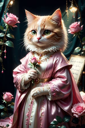 royal cat holding pink rose,clad in opulent robe,moonshine necklace,Little love around,floral sheet music background
Oil painting inspired by the style of Silke Leffler, Lisbeth Zwerger, Rebecca Dautremer, and  sandro nardini,
sharp focus, emotive brushstrokes,
strong chiaroscuro for heightened contrast between light and shadows,
creating a tangible sense of depth and perspective, realistic drawings,More Details, stworki