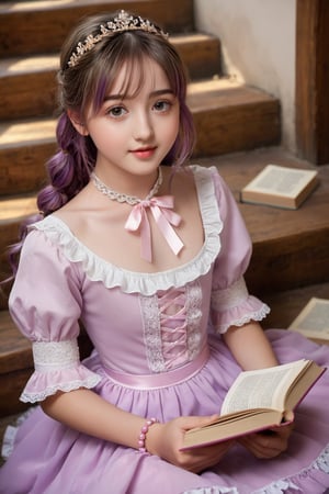 beautiful details, perfect focus,high resolution, exquisite texture in every detail, looking at viewer, blush, smile, bangs, copper eyes, hair ornament, purple hair, hair rings, twin braids, hair ribbon, hair between eyes, 
adorable girl dressed in a (Bisque Doll-like girl outfit: 1.1) The charming ensemble features a frilly collar and cuffs, with delicate lace details, ((1girl 15yo)), (female child, loli:1.3),  ((waist up body of Dilraba Dilmurat)), (Realistic: 1.2), (illustration: 1.2), (perfect eyes:1.3, perfect face:1.3), long eyelashes, perfect lighting, perfect shading, (best quality, masterpieces), (realphoto , photographic, 35mm f2.0:1.4),(Western, old school :1.2), fantasy, (beautiful girl:1.2), (beautiful face:1.2), (Small room, cluttered room, stairs:1.2),(book:1.6), Books are scattered all over the place, colorful dynamic, (sitting_on_stairs:0), sitting, (reading a book, looking at book,looking at another:1.4), expressionless, dutch angle, barefoot, side lighting, dynamic color hair,
(ultra-detailed, vivid colors,soft lighting, digital illustration) expressions, (dreamy atmosphere, colorful surroundings), digital art, 8K, 16K, cool wallpaper, things, jasmine, pillows, clutter, wood toy, sharp focus, HDR, Add more details,perfect finger