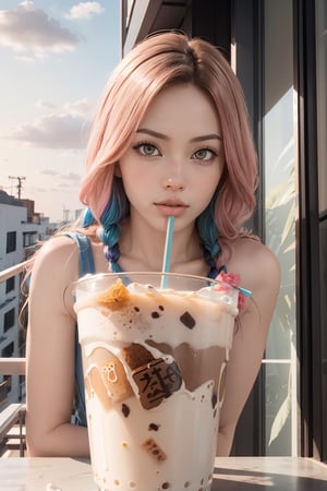 Adorable girl, perfect face, (best quality, masterpieces:1.3), (beautiful and aesthetic:1.2), colorful, dynamic angle, (Realistic:1.4), illustration, (high quality:1.3), (ultra detailed, ultra highres), 32K, (Beautifully Detailed Face and Fingers), (Five Fingers) Each Hand, sharp focus, professional dslr photo, photoreal, Thailand house style, (1 drinking straw, milk tea or other ,food on the balcony outside the room:1.5), See the evening view, forehead jewel, rose jewelry, nice hand, nice fingers, adorable style fashion, volumetric fx, ray tracing, (((intricate detailed))), extremely detailed CG, (hyper realism, soft light, dramatic light, sharp, HDR, UHD), perfect image, vivid color, (extra wide shot :1.5), (official art, extreme detailed, highest detailed), more detailed, Thai food style,sweets desert,(colorful pink-yellow sky), rosy skin, dream eyes, line art, 1girl,cute,tot-rose,hirose yasuho