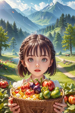 (best quality),(masterpiece:1.1),(extremely detailed CG unity wallpaper:1.1), (colorful cloth :1.3),(panorama shot:1.4),looking at viewer, from below, high res, detailed face, detailed eyes, 1 girl, solo, short-bob roughtly cut and two braided hair-bangs tied behind her head, cute hairstyle, full body, mountain forest , outdoors, (perfect fingers :1.4), perfect face, five fingers for each hand, fantasy, hugging basket ,eggplant, tomato, 🥦, vegetables, fruit, 🍎, grapes, carrot, corn, onion, Exquisite face,