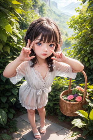 (best quality),(masterpiece:1.1),(extremely detailed CG unity wallpaper:1.1), (colorful cloth :1.3),(panorama shot:1.4),looking at viewer, from above, high res, detailed face, detailed eyes, 1 girl, solo, short-bob roughtly cut and two braided hair-bangs tied behind her head, cute hairstyle, full body, mountain forest , outdoors, (perfect fingers :1.4), perfect face, five fingers for each hand, (photo shoot pose :1.4), fantasy, hugging basket , Exquisite face