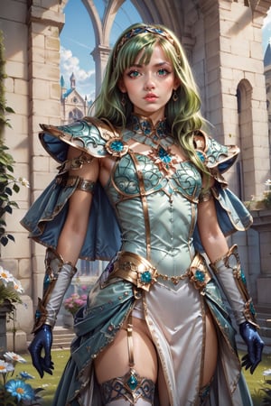 score_9, score_8_up, score_8, masterpiece, official art, ((ultra detailed)), (ultra quality), high quality, perfect face, 1 girl with long hair, blond-green hair with bangs, bronze eyes, detailed face, wearing a fancy ornate (((folk dress))), shoulder armor, armor, glove, hairband, hair accessories, striped, (holding the great weapon :1.4), jewelery, thighhighs, pauldrons, side slit, capelet, vertical stripes, looking at viewer, fantastical and ethereal scenery, daytime, church, grass, flowers. Intricate details, extremely detailed, incredible details, full colored, complex details, hyper maximalist, detailed decoration, detailed lines, best quality, HDR, dynamic lighting, perfect anatomy, realistic, more detail, Architecture, full juicy lips, good teeth, perfect green eyes, (kawaii face)