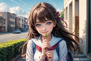 (perfect face), top quality, (official art :1.2), UHD, HDR, 16K, 8K, vivid color, (high quality:1.3), (masterpiece, best quality:1.4), (ultra detailed, ultra highres), sharp focus, extremely detailed CG, cute hair style (illustration:1.2), (photorealisitc :1.37), high contrast, colorful, (school uniform, serafuku) ,stairs, brown hair, outdoors, skirt, socks, bag, long hair, shoes, brown eyes, pleated skirt, black socks, cloud, school bag, loafers, looking at viewer, wind, neckerchief, long sleeves, kneehighs, sailor collar, sky, bangs, white shirt, shirt, hair ribbon, black skirt, railing, brown footwear, hair tucking, petals, leaf, ribbon ,slender hands, (extremely beautiful, super cute:1.3), (detailed face, rosy skin, perfect eyes, detailed pupil), (meal:1.4), fruits, sandwiches, noodle cup, chopsticks, vender, adorable, 1girl, solo, (smile), (dynamic action pose :1.2), (looking at camera:1.3), nice hands, perfect five fingers, intricate details, canteen detailed background ,Charm of beauty ,