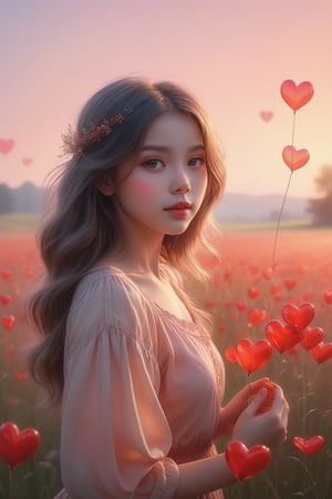 (masterpiece), (absurdres:1.3), (ultra detailed), HDR, UHD, 16K, ray tracing, vibrant eyes, perfect face, award winning photo, A silhouette of a young girl with flowing hair, standing in a field. She holds a red heart-shaped object, possibly a flower, in her hand. The background is framed within a heart shape, with a gradient of colors transitioning from a light beige at the top to a darker hue at the bottom. The overall mood of the image is serene and dreamy, evoking feelings of love and tranquility., painting, conceptual art, illustration shiny skin, (shy blush:1.1), (dynamic action pose:1.3) ,slightly smile, lens flare, photo quality, big dream eyes, ((perfect eyes, perfect fingers)) ,kawaii, (Sharp focus realistic illustration:1.2), adorable,