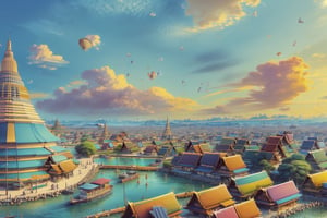 (1girl :1.5), front shot, adorable, (ultra detailed, ultra highres), (masterpiece, top quality, best quality, official art :1.4), (high quality:1.3), cinematic, wide shot, (muted colors, dim colors), A whimsical cityscape under a bright blue sky with fluffy clouds and butterflies. The city features traditional wooden buildings and a fantastical structure that combines a castle, a pagoda, (and a Ferris wheel). The colors are vibrant and detailed. (Thailand culture :1.4), 4k, Ghiblism2-Ghibli, GhiblismDetailed2, Ghiblismkw2 extremely detailed CG, photorealistic,Pastel color,flower