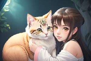 (best quality,ultra-detailed,cute animals,vivid colors,soft lighting,digital illustration,fluffy fur,playful expressions,adorable poses,dreamy atmosphere,colorful surroundings), (art by Makoto :1.5), digital art, child, cute cat, 16K, cool wallpaper, things, ,1girl,Albafantasy