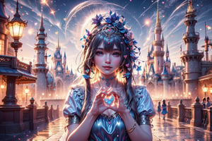 (best quality),(masterpiece:1.1),(extremely detailed CG unity wallpaper:1.1), (colorful:1.2),(panorama shot:1.4),looking at viewer,from above,2 girls ,15yo, (Disney cosplay :1.4), (Disney land Tokyo background :1.4), adorable hair, fun, smile, flowers (innocent grey), 16K, UHD, HDR, rose, twilight, perfect shadow, (perfect fingers :1.4), perfect face, five fingers for each hand, (heart hands pose :1.4), FANTASY ,beehive fireworks, ribbon choker, puffy short sleeves, magical girl