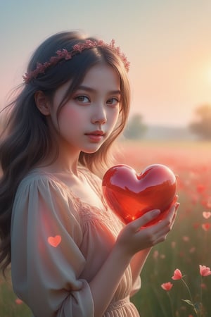 (masterpiece), (absurdres:1.3), (ultra detailed), HDR, UHD, 16K, ray tracing, vibrant eyes, perfect face, award winning photo, A silhouette of a young girl with flowing hair, standing in a field. She holds a red heart-shaped object, possibly a flower, in her hand. The background is framed within a heart shape, with a gradient of colors transitioning from a light beige at the top to a darker hue at the bottom. The overall mood of the image is serene and dreamy, evoking feelings of love and tranquility., painting, conceptual art, illustration shiny skin, (shy blush:1.1), (dynamic action pose:1.3) ,slightly smile, lens flare, photo quality, big dream eyes, ((perfect eyes, perfect fingers)) ,kawaii, (Sharp focus realistic illustration:1.2), adorable,