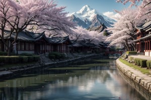 ((1girl)),solo, long hair, brown hair, black hair, dress, sitting, ponytail, outdoors, sky, day, cloud, water, from behind, white dress, tree, cherry blossoms, building, instrument, scenery, reflection, mountain, watercraft, architecture, house, bridge, east asian architecture, river, boat,
