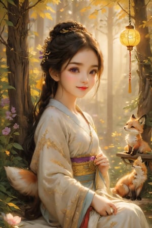 Beautiful 1girl, ((12 years old)), (masterpiece, top quality, best quality, official art, beautiful and aesthetic:1.2), (holding cute fox), cute fox, funny pose, (seat on the swing :1.5), outside, With many animals, (executoner), extreme detailedw, colorful, highest detailed ((ultra-detailed)), (highly detailed CG illustration), ((an extremely delicate and beautiful)), cinematic light, niji style, Chinese house style, in the morning light, maple tree bloom, sunray through the leaves, beautiful eyes, ((light brown eyes)), perfect face, smiling happily, 32k ultra high definition, Pixar movie scene style, realistic high quality Portrait photography, eternal beauty, the lantern behind her emits a soft light, beautiful and dreamy, the flowers are in bloom, and the light bokeh serves as the background, (bronze eyes:1.4), ((purple and yellow hues)), nice hands, nice fingers, hanfu, outside, many animals ,1girl, sexual attraction, jewelry, ,oil painting