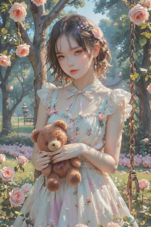 ultra detailed,  (masterpiece,  top quality,  best quality,  official art,  perfect face:1.2),  UHD,(cinematic,  azure and light pink:0.85),  (muted colors,  dim colors),  falling petals,  red roses , happiness, (wearing trendy fashion:1.4), chiffon sheer dress vanilla, (full field roses :1.4), (((hold a teddy bear))), dynamic posing, tree house, park, swing, cute_girl, pastel flowers , lilac, rose, Line art,1girl, Light master,More Reasonable Details,emo