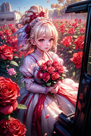 rose in object, ultra detailed, (masterpiece, top quality, best quality, official art, perfect face:1.2), UHD, (cinematic, azure and light pink:0.85), (muted colors, dim colors), falling petals, purple roses, multicolor rose, happiness, (action hearts:1.4), (full field roses :1.4), (Flower in recreation Vehicle: 1.5), motorhome, flowers, rose,  twice light, perfect shadow,