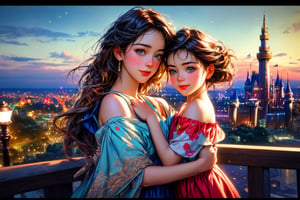 (best quality), (extremely detailed CG unity 8k wallpaper:1.1), (colorful:0.9),(panorama shot:1.4),upper body,looking at viewer,from above, 2 girls hugging each other,15yo, cosplay, (Disney land Tokyo :1.4), fun,smile, happiness, Nature, colorful, exposure blend, medium shot, bokeh, high contrast, (muted colors, dim colors, soothing tones:1.3), low saturation, Adorable cloth, shiny, luxury red off the shoulder full skirt vintage swing dress, (high quality:1.3), (masterpiece, best quality:1.4), (ultra detailed, 8K, 4K, ultra highres), (Beautifully Detailed Face and Fingers), (Five Fingers) Each Hand, nice hands, (perfect fingers, perfect hands :1.3), sharp focus, professional dslr photo, (Photorealistic:1.4), UHD, HDR, volumetric fx, (((intricate details))), extremely detailed CG, cinematic photo, perfect photography, professional, perfect sky, shiny, glitter, gradient color all fluentcolor, colorful, (professional photograpy:1.1),child