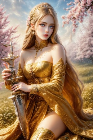 (masterpiece), (absurdres:1.3), (ultra detailed), HDR, UHD, 16K, ray tracing, vibrant eyes, perfect face, award winning photo, ((( 1 girl ))), with long hair, blond-green hair with bangs, bronze eyes, detailed face, wearing a fancy ornate (((folk dress))), shoulder armor, armor, glove, hairband, hair accessories, striped, (holding the great weapon:1.7), jewelery, thighhighs, pauldrons, side slit, capelet, vertical stripes, looking at viewer, fantastical and ethereal scenery, daytime, church, grass, flowers. Intricate details, extremely detailed, incredible details, full colored, complex details, hyper maximalist, detailed decoration, detailed lines, best quality, dynamic lighting, perfect anatomy, realistic, more detail, ,Architect, shiny skin, (shy blush:1.1), (dynamic action pose:1.3) ,slightly smile, lens flare, photo quality, big dream eyes, ((perfect eyes, perfect fingers)) ,kawaii, (Sharp focus realistic illustration:1.2), holding stuff, ,candystyle,philia,TG,Detailedface