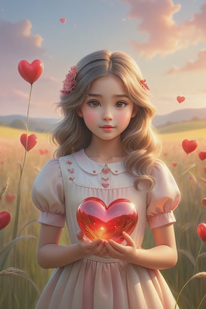 (masterpiece), (absurdres:1.3), (ultra detailed), HDR, UHD, 16K, ray tracing, vibrant eyes, perfect face, award winning photo, A silhouette of a young girl with flowing hair, standing in a field. She holds a red heart-shaped object, possibly a flower, in her hand. The background is framed within a heart shape, with a gradient of colors transitioning from a light beige at the top to a darker hue at the bottom. The overall mood of the image is serene and dreamy, evoking feelings of love and tranquility., painting, conceptual art, illustration shiny skin, (shy blush:1.1), (dynamic action pose:1.3) ,slightly smile, lens flare, photo quality, big dream eyes, ((perfect eyes, perfect fingers)) ,kawaii, (Sharp focus realistic illustration:1.2), adorable,