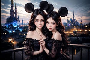 (best quality), (extremely detailed CG unity 8k wallpaper:1.1), (colorful:0.9),(panorama shot:1.4),upper body,looking at viewer,from above, 2 girls hugging each other,15yo,mickey mouse, (disney land Tokyo :1.4), fun,smile, happiness, Nature, colorful, exposure blend, medium shot, bokeh, high contrast, (muted colors, dim colors, soothing tones:1.3), low saturation, Adorable cloth, shiny, luxury red off the shoulder full skirt vintage swing dress, (high quality:1.3), (masterpiece, best quality:1.4), (ultra detailed, 8K, 4K, ultra highres), (Beautifully Detailed Face and Fingers), (Five Fingers) Each Hand, nice hands, (perfect fingers, perfect hands :1.3), sharp focus, professional dslr photo, (Photorealistic:1.4), UHD, HDR, volumetric fx, (((intricate details))), extremely detailed CG, cinematic photo, perfect photography, professional, perfect sky, shiny, glitter, gradient color all fluentcolor, (professional photograpy:1.1),
