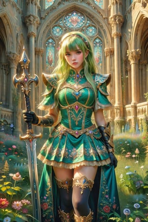 masterpiece, official art, ((ultra detailed)), (ultra quality), high quality, perfect face, 1 girl with long hair, blond-green hair with bangs, bronze eyes, detailed face, wearing a fancy ornate (((folk dress))), shoulder armor, armor, glove, hairband, hair accessories, striped, (holding the great weapon:1.37), jewelery, thighhighs, pauldrons, side slit, capelet, vertical stripes, looking at viewer, fantastical and ethereal scenery, daytime, church, grass, flowers. Intricate details, extremely detailed, incredible details, full colored, complex details, hyper maximalist, detailed decoration, detailed lines, best quality, HDR, dynamic lighting, perfect anatomy, realistic, more detail,
,Architectural100,style